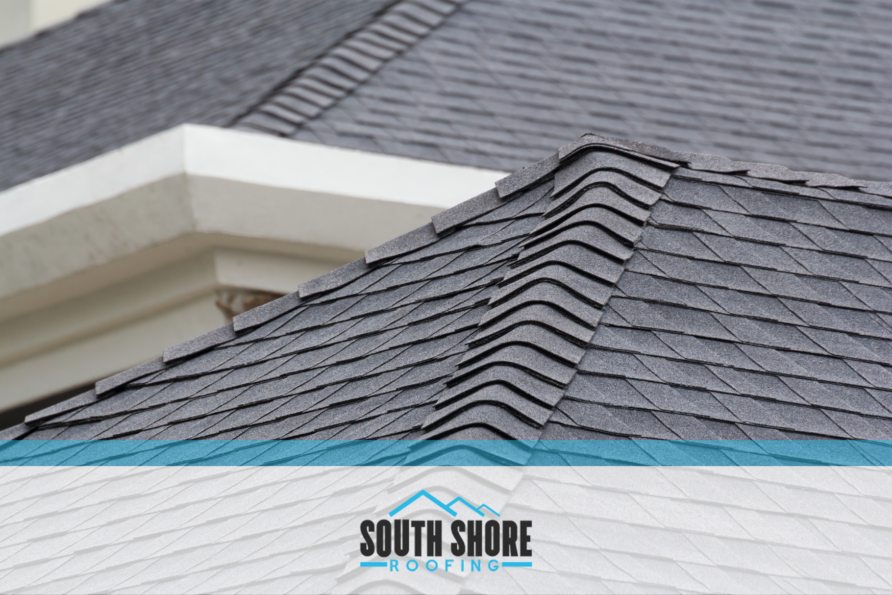 A tightly framed close-up of dark gray asphalt shingles on a roof. The image features the logo and text "South Shore Roofing" at the bottom.